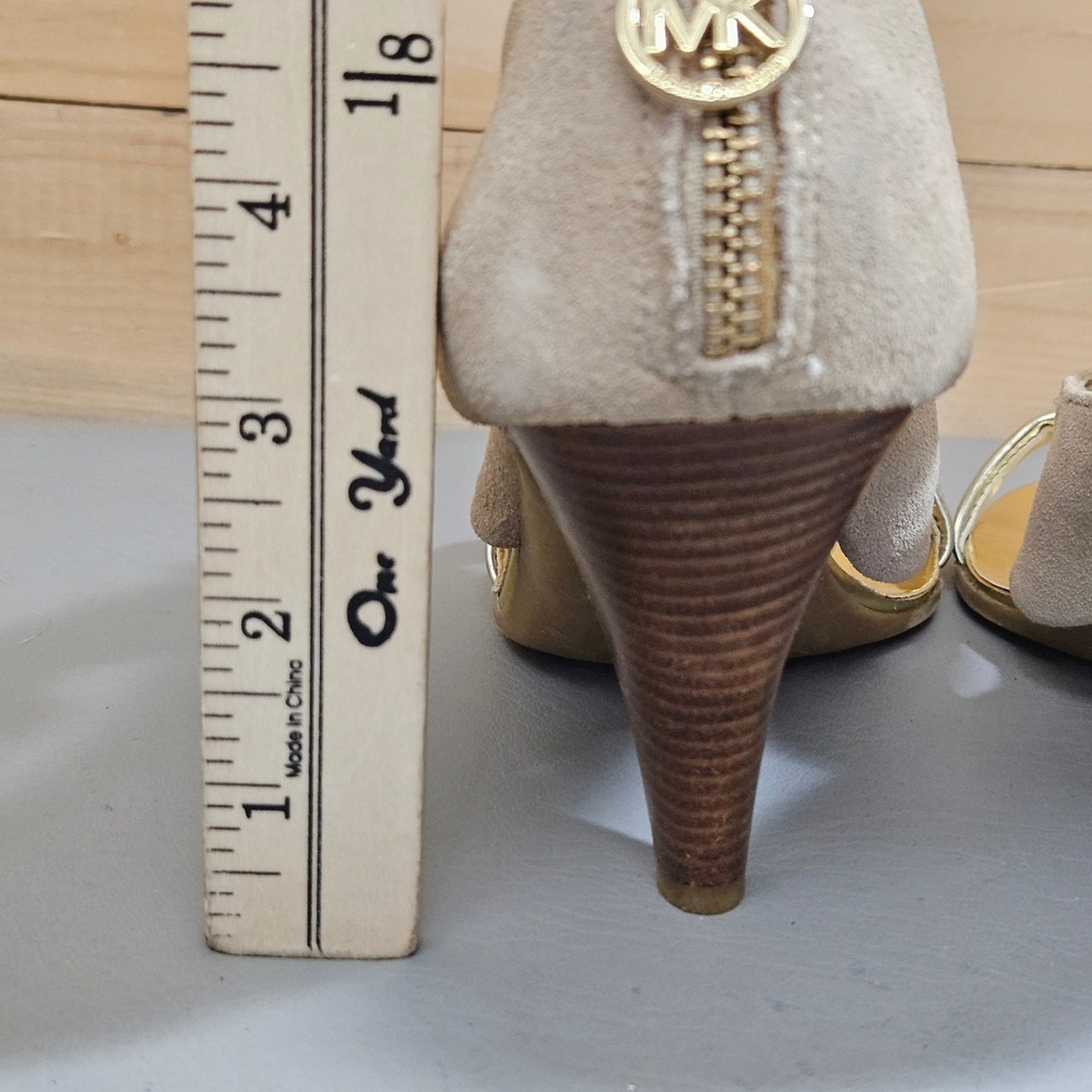 Michael Michael Kors Tan Suede Metallic Gold Cone Heel Sandals 6.5M - Picture 8 of 14